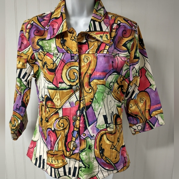 Mirror Image Lightweight Music Motif Abstract Jacket 3/4 Sleeve Size M - Picture 1 of 8
